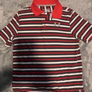 Boys UA Poli Shirt… Size L…. Red and Black stripe
